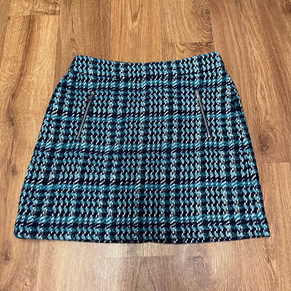 Ann Taylor LOFT Womens Green Blue Plaid Houndstooth Wool Mini Skirt 8P Petite